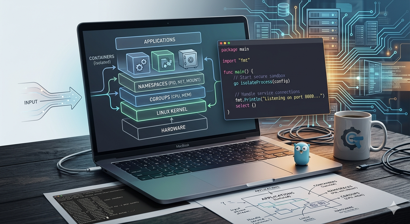 Laptop displaying Go code with an overlay diagram showing the Linux stack: applications, containers, namespaces, kernel, hardware.