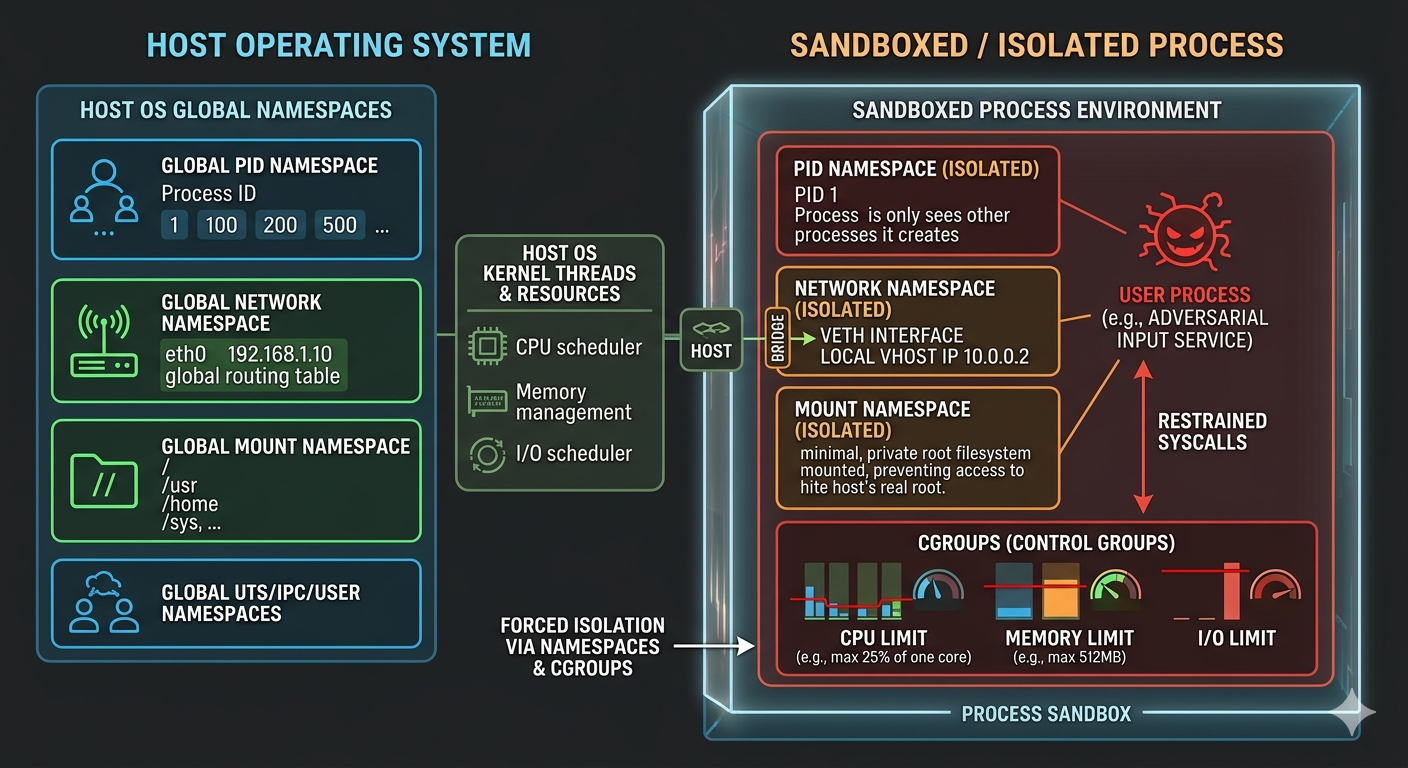Side-by-side diagram. Left: host operating system with global PID, network, and mount namespaces, kernel threads, CPU/memory management, and I/O scheduler. Right: an isolated sandboxed process with its own PIDs, restricted network namespace, restricted mount namespace, restricted syscalls, and cgroup limits on CPU, memory, and I/O.